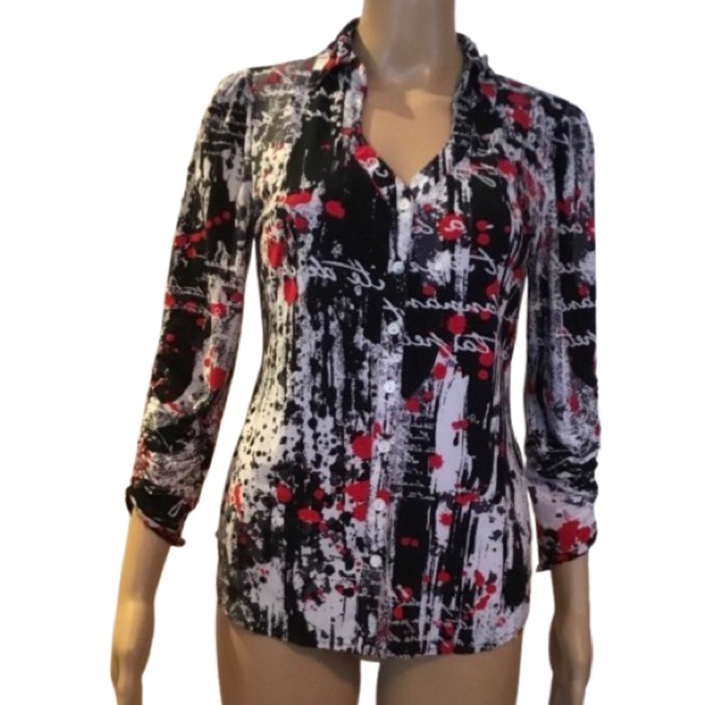 PETER NYGARD Scroll Print Top with Ruched Sleeve - Size M
